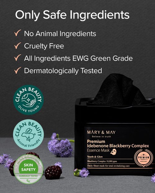 Mary&May Premium Idebenone Blackberry Complex Essence Mask (20 Sheets) – Bamboo Charcoal Sheet, Daily Pull-Out Dispenser Korean Face Mask with Vitamin C, Panthenol & Ceramide for Hydrating Radiance
