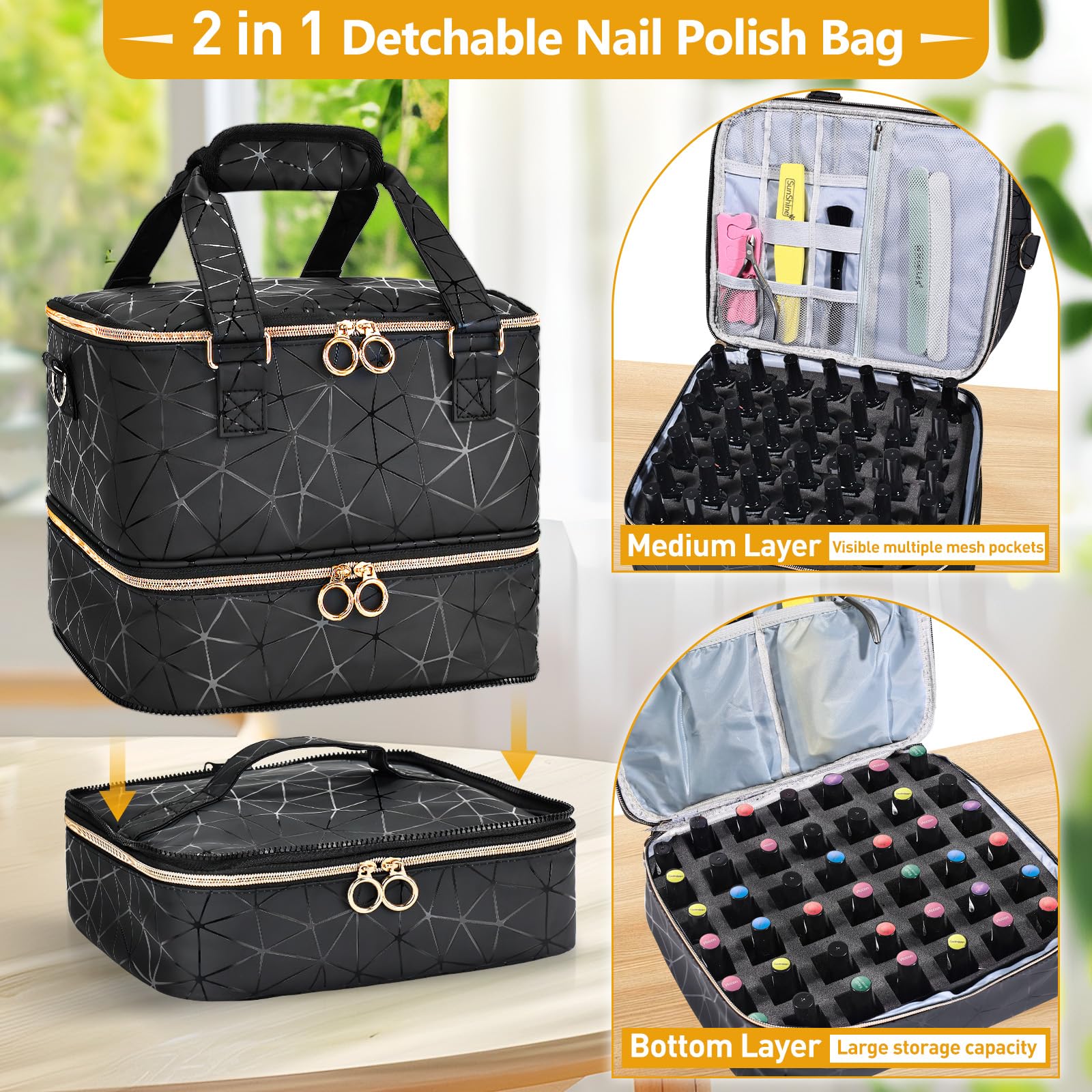 YUYAFN Large Nail Polish Organizer Bag Holds 84 Bottles Nail Polish and a Nail Lamp, PU Leather Nail Kit Storage Carrying Case, Removable Portable Travel Nail Art Tool Storage