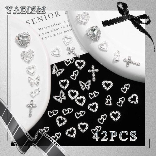 42PCS Silver Nail Charms Crystal Heart Nail Charms 3D Alloy Cross Nail Charms Metal Butterfly Charms Nail Gems Rhinestones for Women Nail Art and DIY Crafts, Small
