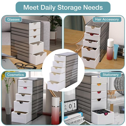 Hair Accessories Organizer with Removable Drawer, Large Capacity Desk Organizer Box with Stackable Cases, Hair Styling Storage Box for Hair Ties, Clips&Pins, 5-Tier Plastic Containers, Clear Black