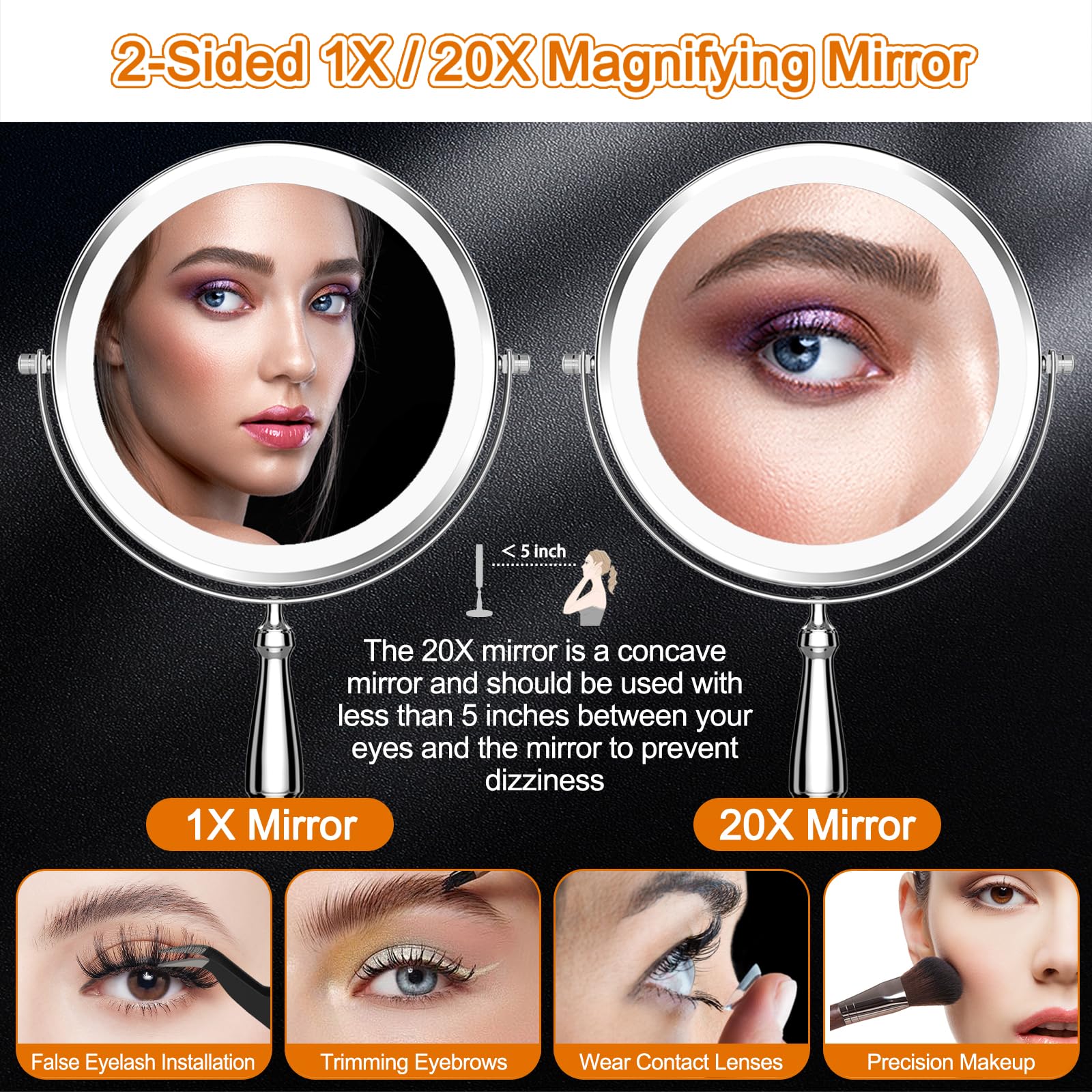 WOOCICA Makeup Mirror with Lights, 9 Inch 20X Magnifying Mirror with Light and 3 Colors for Women, Vanity Mirror with Lights and Adjustable Brightness, Lighted Magnified Mirrors for Delicate Makeup