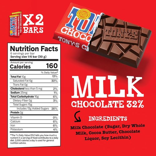 Tony's Chocolonely - Milk Chocolate Bundle - Fairtrade & B Corp Certified, No Artificial Flavoring - 6.35 Oz, 6 Bars