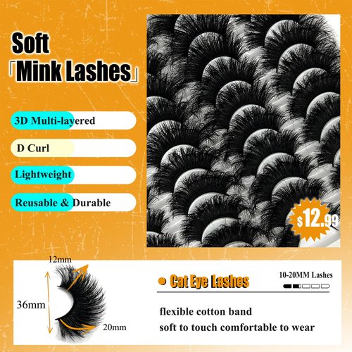 loladook Mink Lashes Fluffy 3D Volume Dramatic Lashes Faux Mink 25mm Big Long Cat Eye Full Strip Eyelashes Pack Wispy 20mm False Eyelashes Bulk