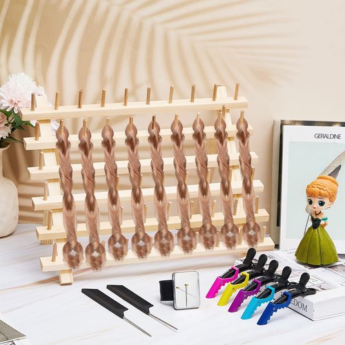Juexica 19 Pieces Braiding Hair Rack Braid Hair Extension Tools Utensils Include Braiding Stand, 10 Parting Comb Ring, 5 Sectioning Clips, 2 Rat Tail Comb and Magnetic Pin Wristband(Wood)
