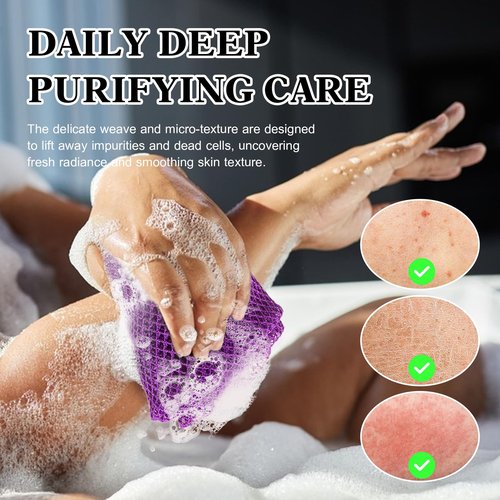 African Net Sponge with 2 Soap Saver Bags - Exfoliating Body Scrubber Set for Shower, Reusable Bar Soap Pouch & Bath Washcloth for Deep Cleaning - Purple & Black, Purple