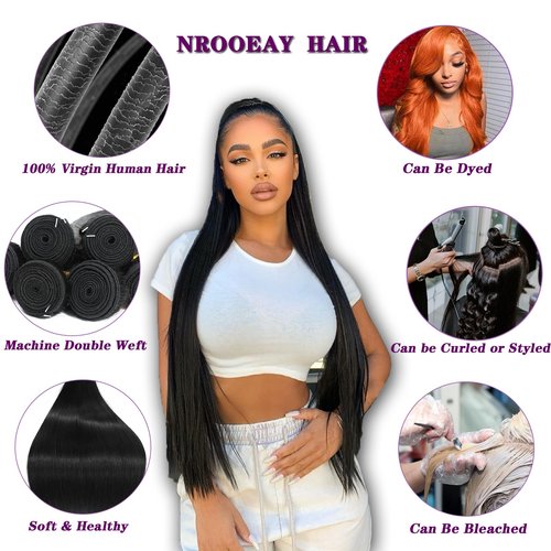 NROOEAY Straight Bundles Human Hair 20 inch 100% Unprocessed Brazilian Straight Hair Bundles 12A Remy Virgin Retain the Intact Cuticle, Long Lifespan