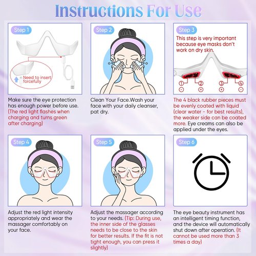 Under-Eye Light Therapy Device, Beauty Device with Eye Massage for Relieve Eye Bags, Eye Fatigue, Dark Circles, with Gel and Glasses Strap (White & 2 modes)