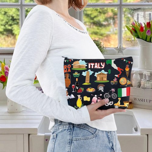 LEVLO Italy Travel Pouch Bag Rome Souvenir Gift Pisa Tower Colosseum Venice Carnival Zipper Pouch Bag Italy Trip Gift (Italy Black)