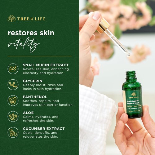 Tree of Life Beauty Hydrating Facial Serum - Advanced Snail Mucin 99% Pure Extract - Moisturizer for Hydration & Skin Regeneration - Reduces Fine Lines - Suitable for Sensitive Skin - 1 Fl Oz