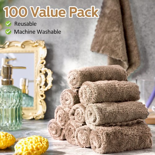 Newwiee 100 Pcs Washcloths Quick Drying Bathroom Wash Clothes 12 x 12 Inch Face Towels Microfiber Soft Wash Rags Bulk for Your Face and Body Facial Towels for Spa Fingertip Towel(Brown)