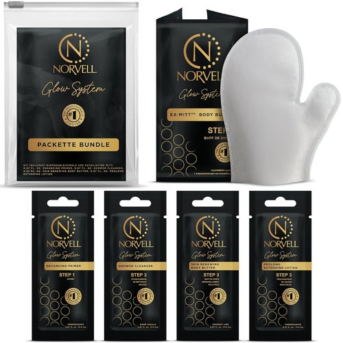 Norvell Glow System Trial Kit - 5-Step Sunless Tanning Essentials with Exmitt, Primer & Body Butter | Travel-Friendly Pouch