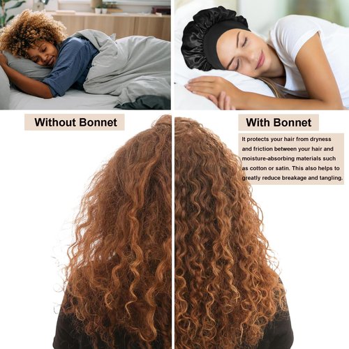 12 Pieces Silk Bonnet for Women Curly Hair Satin Bonnet Hair Wrap for Sleeping Cap with Tie Band (Black)