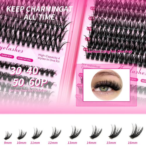 Selawasty Lash Clusters 640pcs Natural Lash Extension Individual Cluster Eyelash Russian Lash Clusters Individual Lashes Eyelash Clusters Natural Look Eyelashes for DIY at Home(9-16MM,30D,40D,50D,60D)