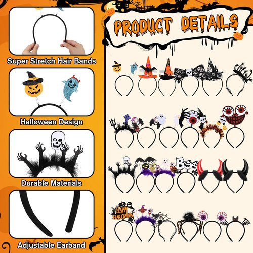 Lyrow Halloween Headbands Bulk for Women Halloween Witch Hat, Spiderweb, Bat, Ghost, Eyeballs, Boo Headwear Photo Booth Props for Women Adult Cosplay Costume(24 Pcs,Classic Style)