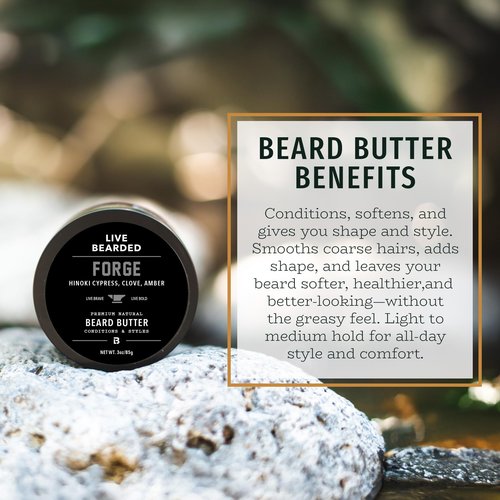 Live Bearded Beard Butter, 3 fl oz - Made in the USA - All-Natural Leave-in Conditioner and Softener with Shea | Forge Scent - Hinoki Cypress, Clove, Amber