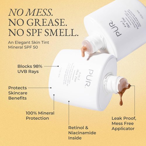 PÜR MINERALS Tinted Sunscreen for Face - 4-in-1 SPF 50 Mineral Protection & Moisturizer - Lightweight, Buildable Tint