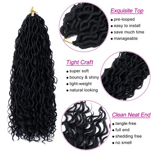 Goddess Locs Crochet Hair 18 Inch 7 Packs Boho Faux Locs Crochet Hair for Black Women Pre Looped Crochet Locs with Curly Ends (#1B)