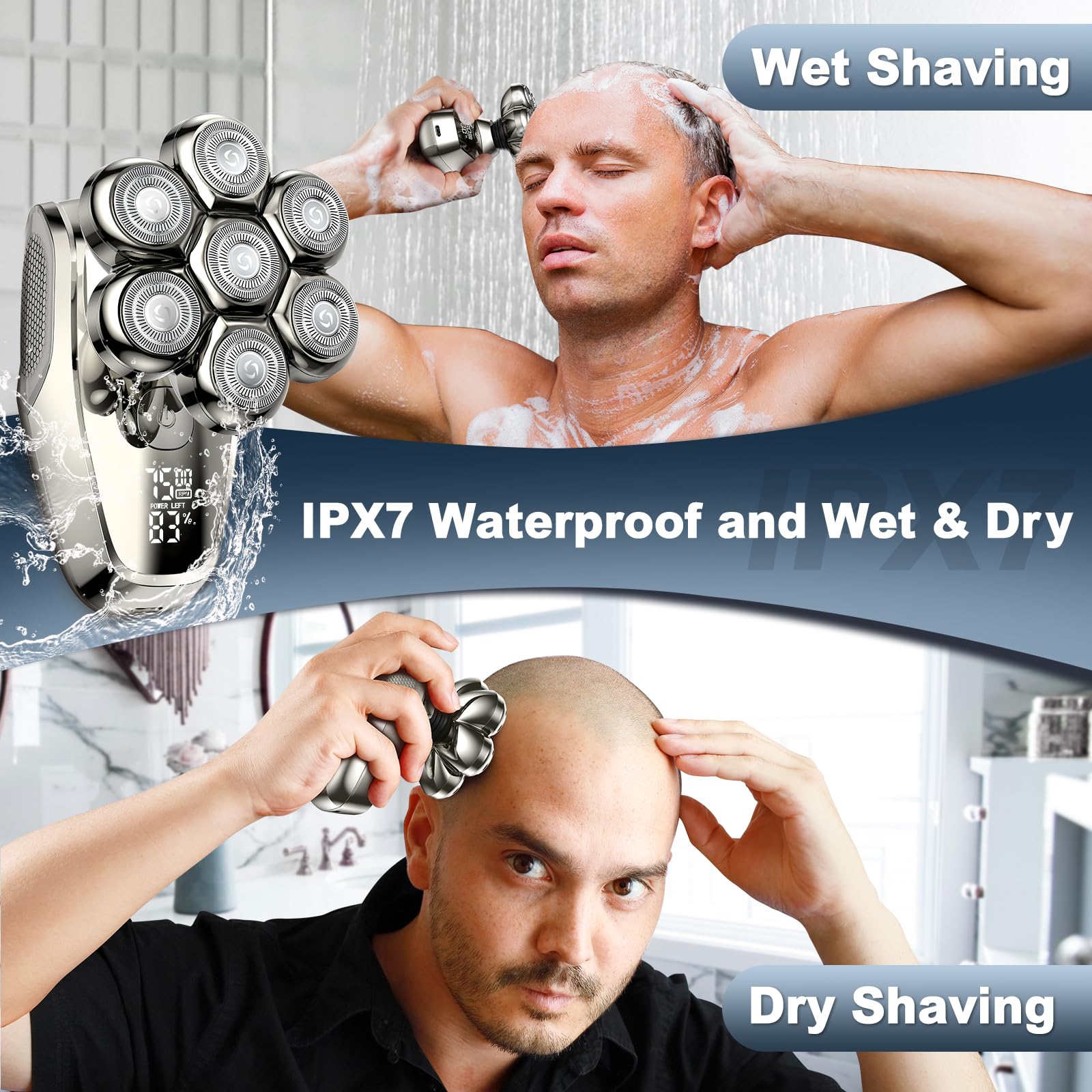 Vylto 7D Head Shavers for Bald Men, Upgrade 5 in 1 Waterproof Electric Razor Men's Grooming Kit, Detachable Wet/Dry Anti-Pinch Head Shavers for Bald Men, LED Display Type-C Charge Head Shaver