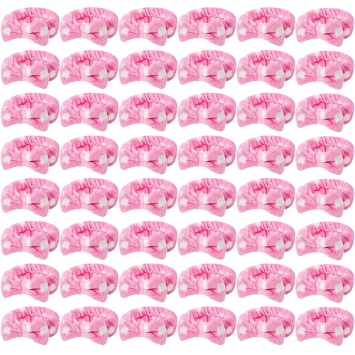 Tigeen 48 Pieces Spa Headband Bulk, Headband for Washing Face, Coral Fleece Bow Skincare Hair Band, Valentines gift for Women Shower Cosmetic Facial Makeup Mask(Pink,1 Style)