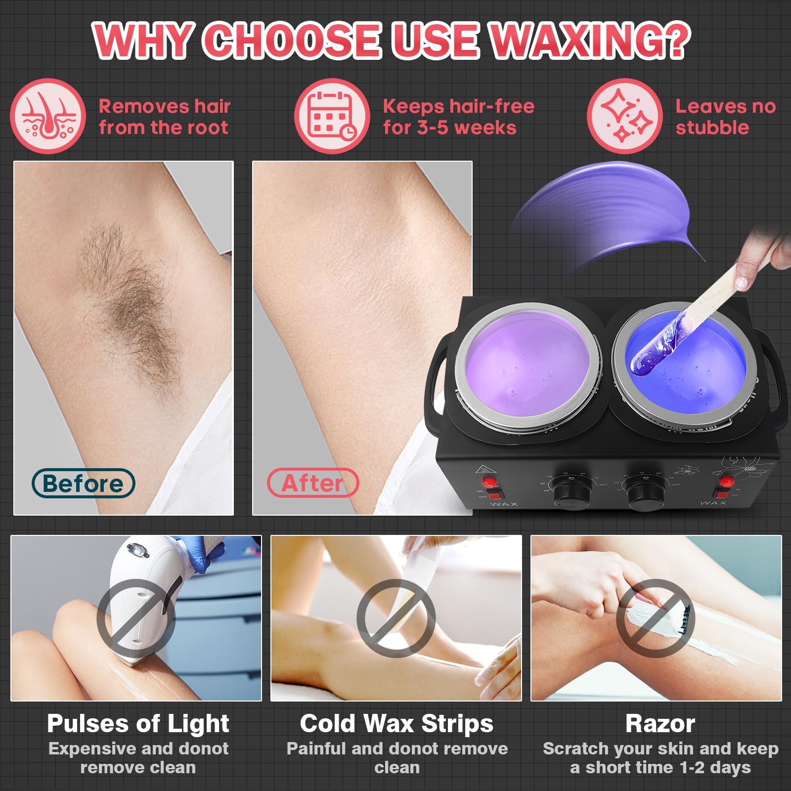 Wax Warmer for Hair Removal, Professional Waxing Heater Pot with Adjustable Temperature for Women Men, with 20 Wooden Wax Sticks (Black-Double Pots)