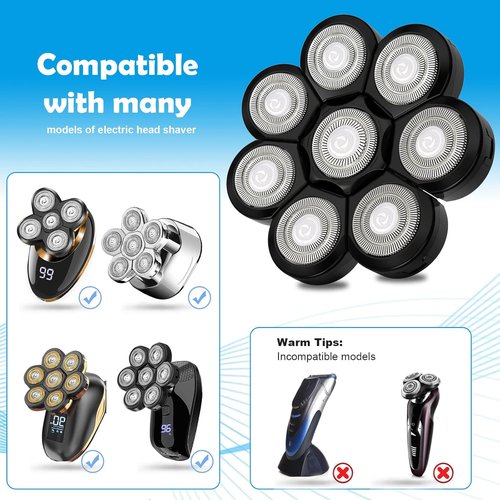 Skiennix Electric Shaver Replacement Heads - 8D Stainless Steel Rotary Blades for Bald Head Razor (8 Black Heads)