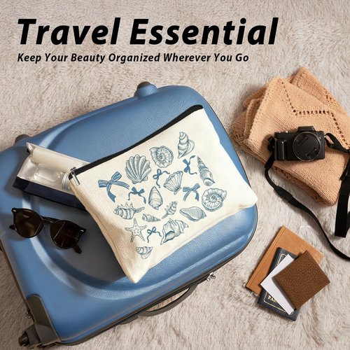 LIANGW Beach Makeup Bag & Travel Pouches for Toiletries, Beach Themed Gifts, Blue Seashell Cosmetic Bags for Women, Preppy Zipper Makeup Pouch for Women Ocean Sea Shells Makeup Bag Summer Stuff
