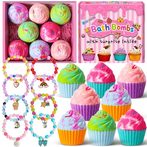 Bath Bombs for Kids with Surprise Jewelry Toys Inside, 8 Cupcake Bath Bombs Gifts Set, Girls, Teens, Kids Easter Valentines Day Gift Birthday, Handmade Fizzes Bubble Spa Bath Kit for Girls