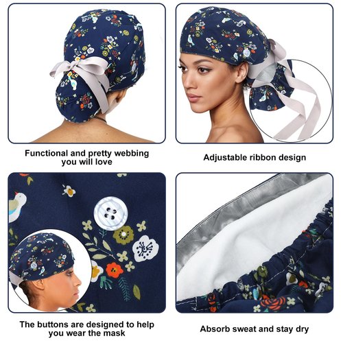 Floraltop 6 Pcs Satin Lined Scrub Caps Women Nurse Surgical Hat with Buttons Ponytail Working Adjustable Shower Caps Tie Back(Fresh Style)