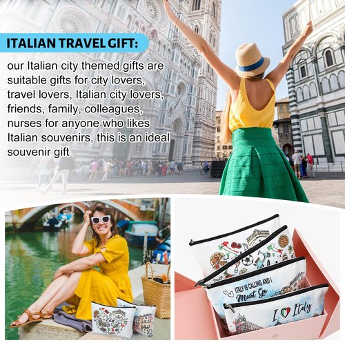Kacctyen 4 Pack Italy Travel Gifts Cosmetic Bag for Women City Theme Makeup Bag with Zipper Italian Souvenir Gifts for Italy Lovers Travellers Women Girls