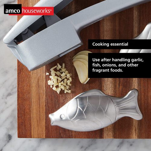 Amco Rub Away Bar, Stainless Steel Odor Absorber, Fish Shaped - Dishwasher Safe Kitchen & Outdoor Essential for Garlic, Onion, Fishing, Hiking Odors - Natural Odor Remover
