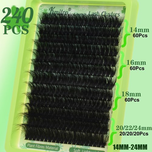 Lash Clusters Kit 14-24mm 180D Volume Clusters Eyelash Extensions 240Pcs Wispy Lashes Waterproof Individual Thick DIY Lashes Extension Kit with Lash Bond & Seal Tweezers, Replacement for Kmilro