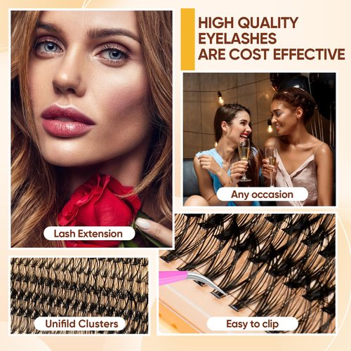 Lash Clusters WispyCluster Eyelash Extensions 320pcs Individual Natural Lashes 8-10-12-14-16mm Lash Extension D Curl DIY Thick False Eyelashes Fox Eye Soft Comfortable with Thin Band (Black-50D)