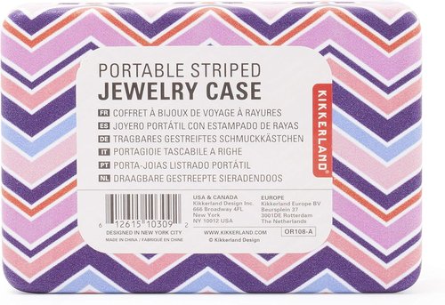 Kikkerland Portable Jewelry Storage Case with Mirror - Striped Travel Design, Random Style