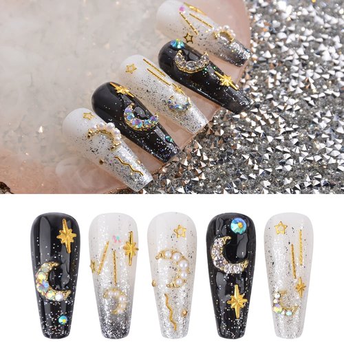 60 Pcs Moon Nail Charms Rhinestones 3D Shiny Moon Shape Metal Gems Jewels Stones Gold Rhinestones Charms Design for Nails Art Accessories DIY Decoration with Storage Box