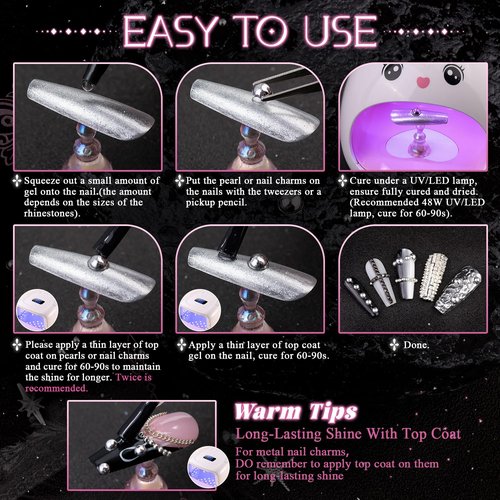 3D Mini Punk Nail Studs Spike Alloy Rivets (Black+Silver), Flatback Nail Pearls and Round Steel Balls Beads (Silver), Goth Nail Charms and Gems for Nail Accessories with Rhinestones Glue Gel