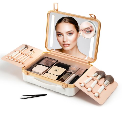 NJ GLAM Lighted Makeup Case with Mirror - Portable Travel Makeup Organizer with LED Mirror, 3 Light Settings, ADJUSTABLE DIVIDERS, Makeup Bag with Mirror and Light - Mini 10x Mirror included