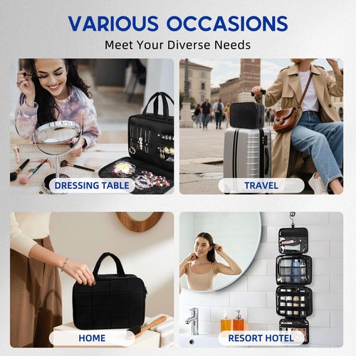 CONBOLA Hanging Travel Toiletry Bag for Women - Makeup Bag & Jewelry Organizer - Cruise Essentials & Vacation Must Haves - Portable Makeup Organizer for Toilets, Cosmetics, Rings & Necklaces.(Black)