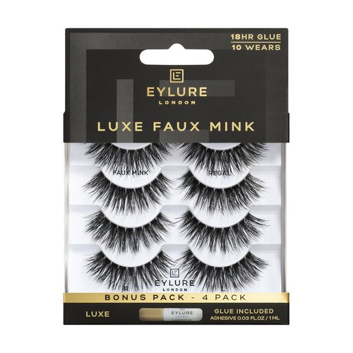 Eylure Luxe Faux Mink False Lashes - Regal, 4 Pairs Bonus Pack | Glue Included | 10 Wears