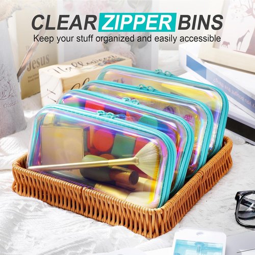 Hoolerry Clear Zipper Makeup Bags - 4 Pcs Transparent Storage Pouches for Cosmetics & Snacks | 7.5 x 3.9 x 2 in, Blue Laser