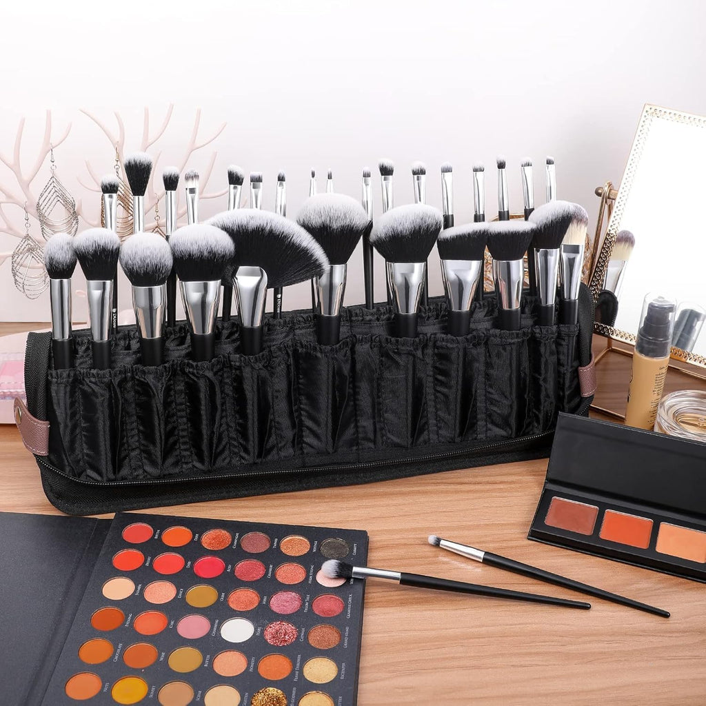 wfljl Professional Makeup Brush Organizer Bag - Leather Travel Case | Portable Cosmetic Bag with Multiple Pockets, Perfect for Makeup Artists & Daily Use to Hold & Protect Brushes Efficiently