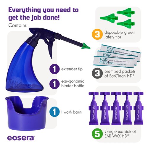 eosera® WAX BLASTER MD+ Cleaning Kit - Earwax Dissolver for Adults & Kids - Fast Acting, Doctor Recommended, Clinically Proven - Complete Irrigation Kit with 3 Ear Clean MD Packets & 5-ct Single Use Ear Wax MD Vials - Works in 15 Minutes