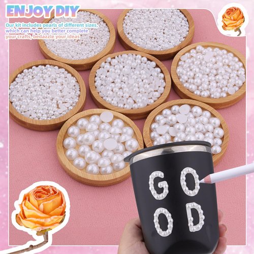 13500Pcs Flatback Pearls for Bedazzling (White) with 3Pcs B7000 Jewelry Glue, Assorted Size 2/3/4/5/6/8/10mm Half Pearl, Bedazzling Gems for Crafting Clothing Tumbler Shoes Embellishment Nail Art