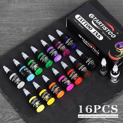 Tattoo Ink Set 16 Colors 1/2 oz (15ml) Professional Vegan-Friendly Pigment Tattoo Supplies Kit Color Inks