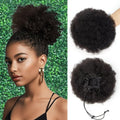 SPIKFN Afro Puff Clip On Human hair Drawstring Ponytail for Black Women,Ponytail Extension 8 Inch #1B Natural Black 60g Short Afro Kinkys Curly Afro Bun Extension Hairpiece