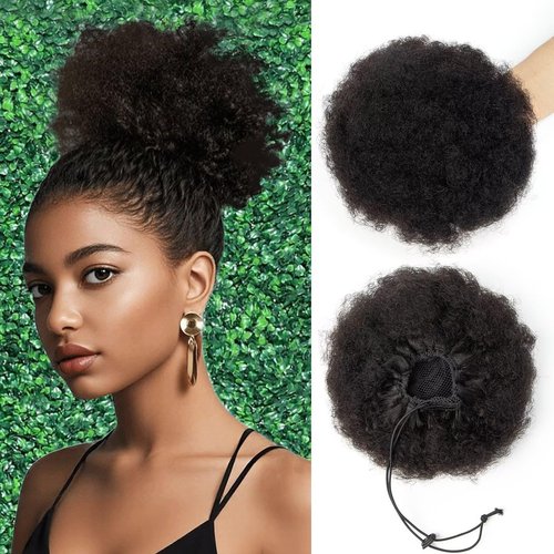 SPIKFN Afro Puff Clip On Human hair Drawstring Ponytail for Black Women,Ponytail Extension 8 Inch #1B Natural Black 60g Short Afro Kinkys Curly Afro Bun Extension Hairpiece