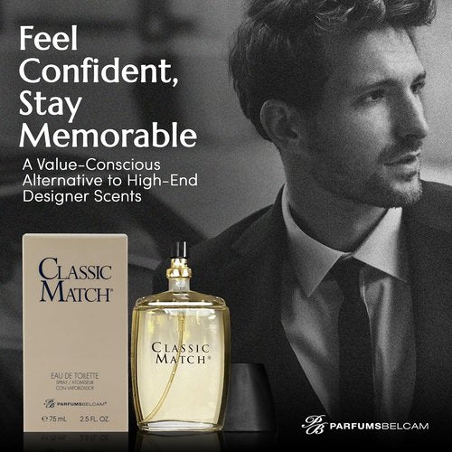 PB ParfumsBelcam Classic Match Eau de Toilette Spray for Men - Warm Oriental Scent with Bergamot & Musk | 2.5 Fl Oz