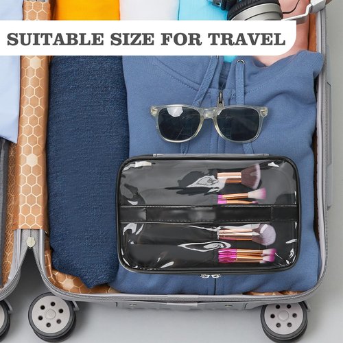 HAOGUAGUA Clear Makeup Cosmetic Bag with Brush Compartment, Portable Waterproof Travel Transparent Toiletry Bags for Traveling Storage Organizer (BLACK)