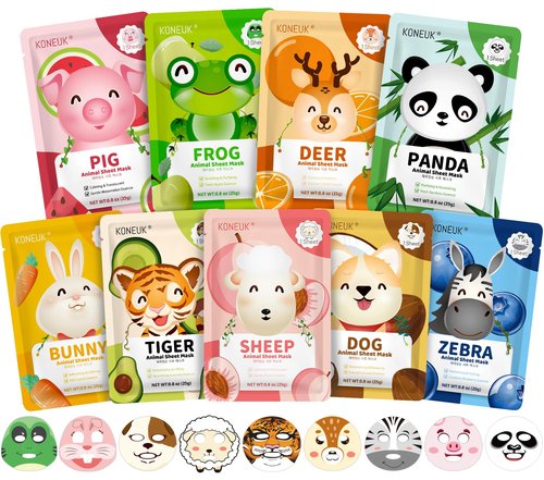 KONEUK 9 Pack Animal Face Masks Skincare for Kids, Bulk Sheet Hydrating Face Mask for Kids Skin Care, Collagen Face Mask for Teens Women, Valentines Day Gifts, Spa Party Gifts for Teen Girls