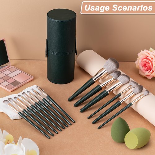 Amrules Makeup Brushes, 14 Pcs Professional Makeup Brush Set, Eye and Face Foundation Brush Set, Eyeshadow Brushes, Cosmetic Brushes with 2 Blender Sponge and PU Makeup Pail, Dark Green