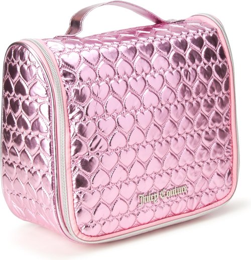 Juicy Couture Pink Makeup Bag - Shiny Puffer Heart Organizer with Hanging Hook for Travel Essentials